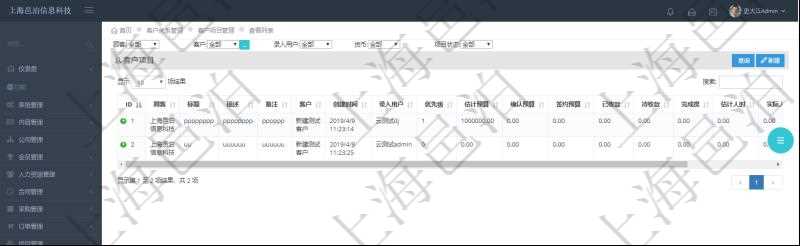 在項目管理軟件CRM客戶關系管理系統中查詢客戶項目列表返回:項目標題、項目描述、項目備注、創建時間、錄入用戶、項目優先級、估計預算、確認預算、簽約預算、已收款、待收款、完成度、估計人時、實際人時、貨幣單位、項目狀態。