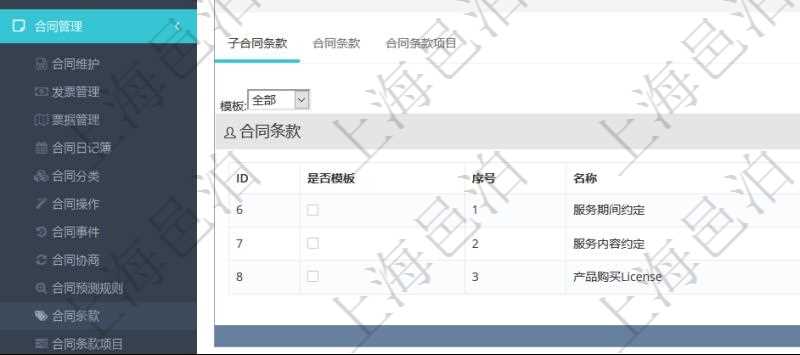 項目管理軟件合同管理模塊合同條款明細查詢還可以關聯查詢更多相關資料,比如該合同條款的所子合同條款:是否模板、序號、子合同條款名稱、子合同條款標題、子合同條款內容、子合同條款模板、關鍵字等。