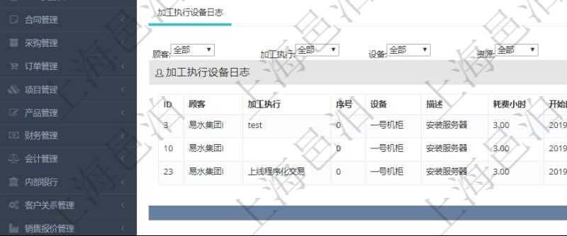 在項目管理軟件MES生產制造管理系統查詢加工設備維護信息時,還返回了關聯的加工執行設備日志:加工執行、序號、設備、描述、耗費小時、開始時間、結束時間、計件設備成本、計時設備成本、資源、貨幣單位、總成本。